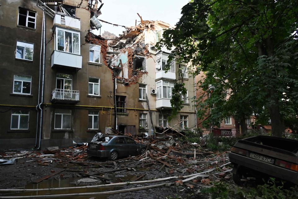 This five-story residential building was partially destroyed in a Russian drone attack that killed three and wounded 19 in the northeastern Ukrainian city of Sumy on July 3, 2023, the regional administration said. (Photo by SERGEY BOBOK / AFP) (Photo by SERGEY BOBOK/AFP via Getty Images) ORIG FILE ID: AFP_33MB87D.jpg
(Credit: SERGEY BOBOK, AFP via Getty Images)