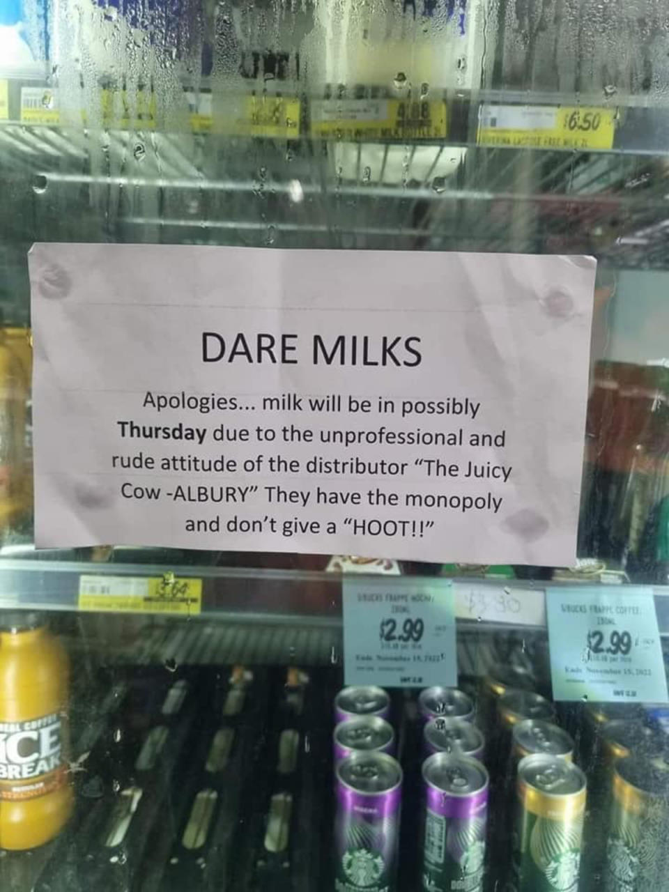 Note about Dare milk products on IGA store fridge