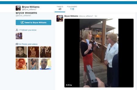 A tweet apparently from the shooter of WDBJ7 reporter Alison Parker and cameraman Adam Ward appears to show the shooting during a live broadcast from Bridgewater Plaza August 26, 2015. Handout via twitter