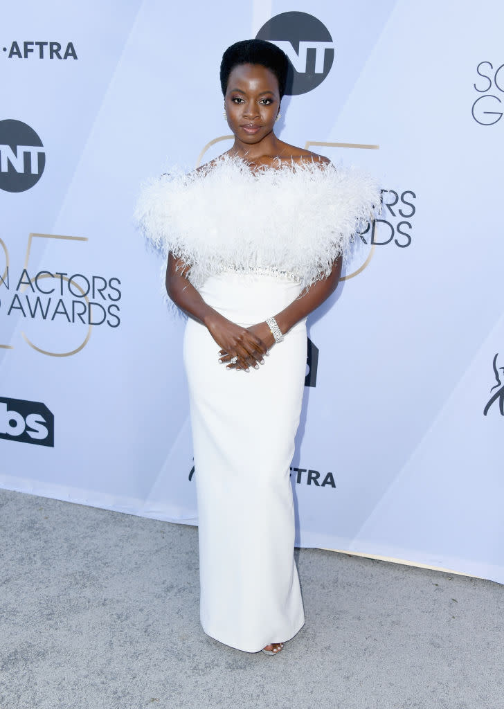 Danai Gurira attends the 25th Annual Screen Actors Guild Awards wearing a white feather gown by Ralph & Russo at the Shrine Auditorium on Jan. 27, 2019 in Los Angeles, California. (Photo: Getty Images)