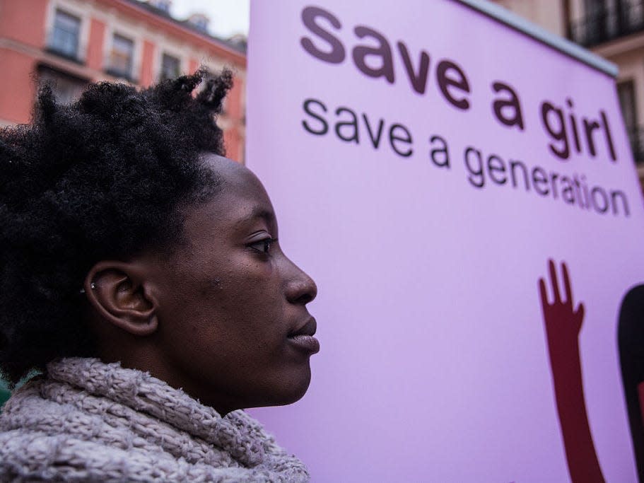 A woman protesting during the International Day against... MADRID, SPAIN - 2016/02/06: A woman protesting during the International Day against female genital mutilation . (Photo by Marcos del Mazo/Pacific Press/LightRocket via Getty Images)