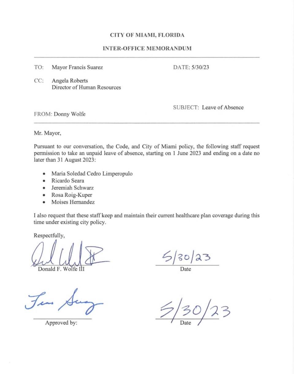 Miami Mayor Francis Suarez approved a leave of absence for five employees on May 30. The staffers are temporarily walking away from the City Hall jobs to support Suarez’s potential presidential campaign.