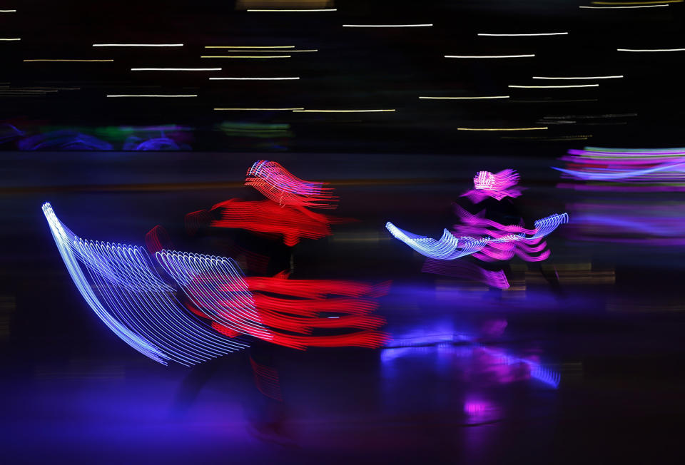 <p>Actors perform before a gala match of the Night Hockey League teams in the Bolshoy Ice Arena in the Black Sea resort of Sochi, Russia, May 10, 2017. (Photo: Yuri Kochetkov/AP) </p>