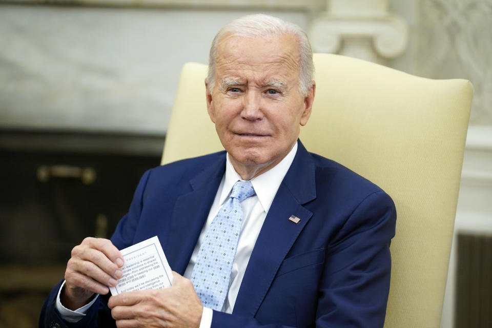 President Joe Biden listens as he holds a meeting to receive a briefing on Ukraine in the Oval Office of the White House, Thursday, Oct. 5, 2023, in Washington. (AP Photo/Evan Vucci)
