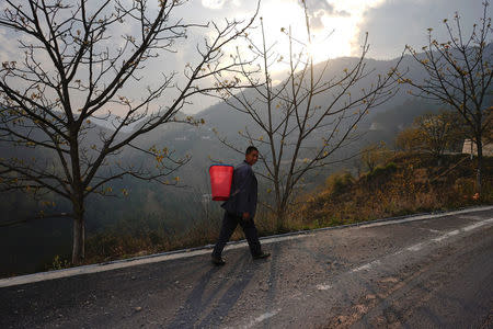 A man walks along the road in Luzhang township of Nujiang Lisu Autonomous Prefecture in Yunnan province, China, March 26, 2018. REUTERS/Aly Song