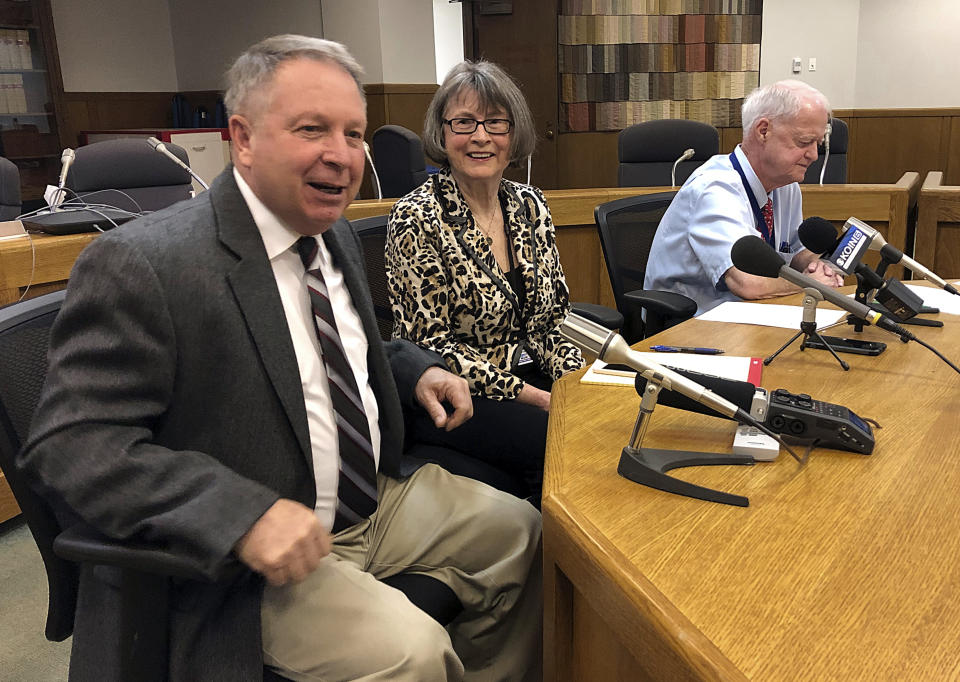 FILE - In this Jan. 18, 2019 file photo, Oregon Senate Republican Leader Herman Baertschiger, Jr., left, Senate Democratic Leader Ginny Burdick and Senate President Peter Courtney speak to the media at the State Capitol in Salem, Ore. Baertschiger told reporters Monday, May 6, 2019 that Senate Republicans in Oregon have fled Salem to avoid a Tuesday vote on a $1 billion per-year funding package for schools. They oppose the proposed half a percent tax on businesses with sales over $1 million. (AP Photo/Andrew Selsky, File)