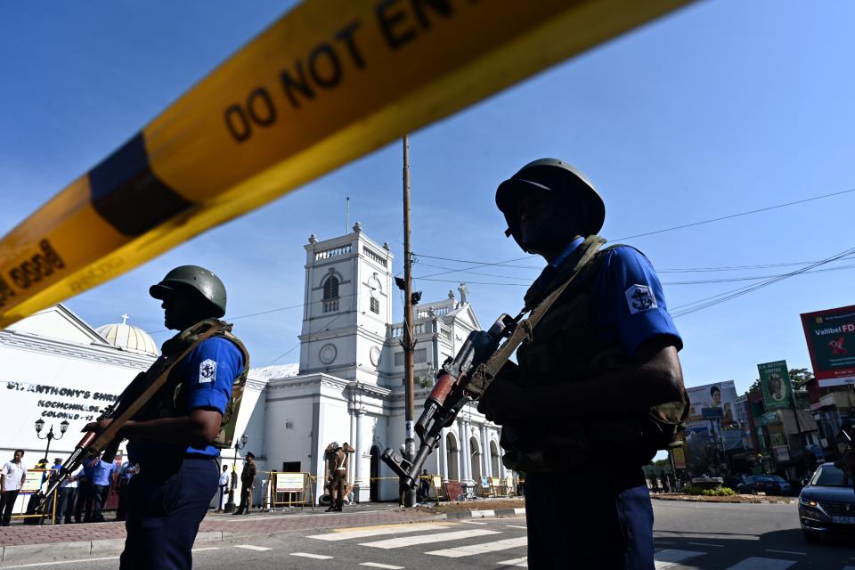 Security personnel stand guard outside St. Anthony's Shrine in Colombo on April 22, 2019, a day after the church was hit in a series of bomb blasts targeting churches and luxury hotels in Sri Lanka. (Photo: Jewel Samad/AFP/Getty Images)