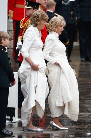 <p>Abaca Press/Alamy</p> Fiona Petty-Fitzmaurice and Annabel Elliot leave Westminster following the coronation ceremony on May 6.