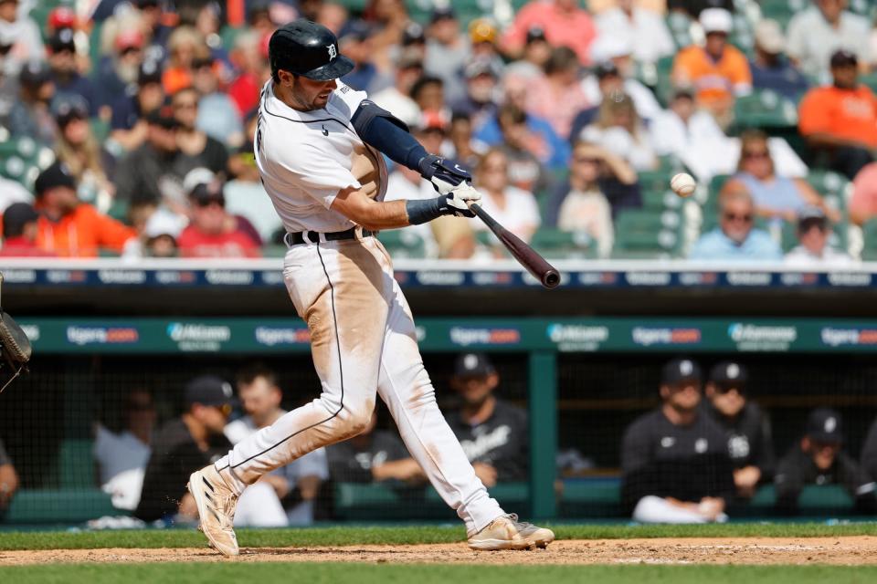 Tigers third baseman Matt Vierling hits a grand slam in the eighth inning of the Tigers' 8-2 win over the Reds on Thursday, Sept. 14, 2023, at Comerica Park.