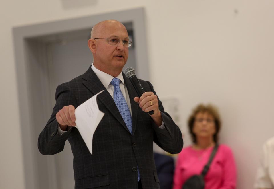 Fellsmere Police Chief Keith Touchberry speaks during the 2024 Indian River County Sheriff debate, Monday, June 17, 2024, at the Indian River Charter High School’s auditorium. At least 500 people attended the standing room only political debate. Incumbent Eric Flowers, Fellsmere Police Chief Keith Touchberry, former Deputy Chief Milo Thornton of the sheriff’s office and write-in candidate Deborah Cooney were the candidates involved in the debate.