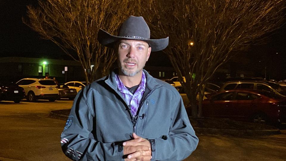 Stephen Bradshaw, a first cousin of JoAnna Cottle, speaks to reporters prior to a candlelight vigil for Cottle and her three children at Salem Church Middle School in Chesterfield Monday, Nov. 21, 2022.