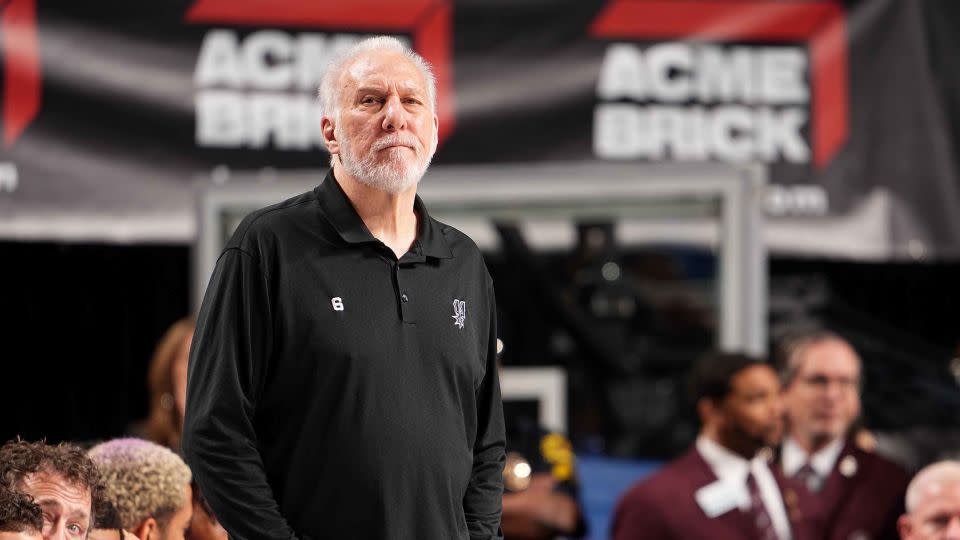 Popovich looks on during the San Antonio Spurs' game against the Dallas Mavericks on April 9, 2023. - Glenn James/NBAE/Getty Images