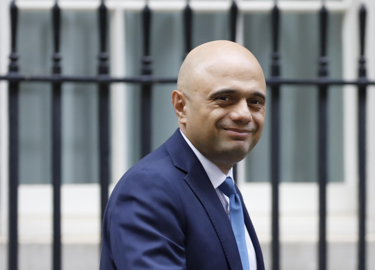 Britain's Chancellor of the Exchequer Sajid Javid leaves 11 Downing Street in London on August 13, 2019 after a meeting with US National Security Advisor John Bolton. - US National Security Advisor John Bolton said Monday that Washington wanted "to move very quickly" on a trade deal with Britain after it leaves the EU, and that the White House would wait until after Brexit to address various security concerns. (Photo by Tolga AKMEN / AFP)        (Photo credit should read TOLGA AKMEN/AFP/Getty Images)