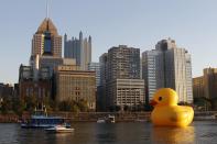 A 40-foot-high (12-metre-high) and 30-foot-wide (nine-metre-wide) inflatable rubber duck, created by Dutch artist Florentijn Hofman, is towed up the Allegheny River in Pittsburgh, Pennsylvania September 27, 2013. The event marks the North American debut of Hofman's Rubber Duck Project, which has taken place in other cities in Asia, Europe, Australia and South America. REUTERS/Jason Cohn (UNITED STATES - Tags: SOCIETY TPX IMAGES OF THE DAY)