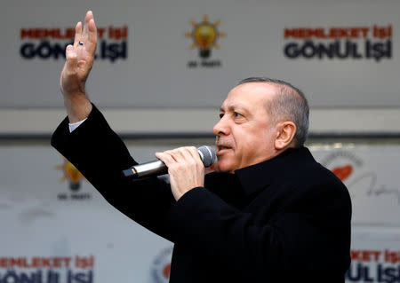 Turkish President Tayyip Erdogan addresses his supporters during a rally for the upcoming local elections in Istanbul, Turkey, February 16, 2019. REUTERS/Umit Bektas