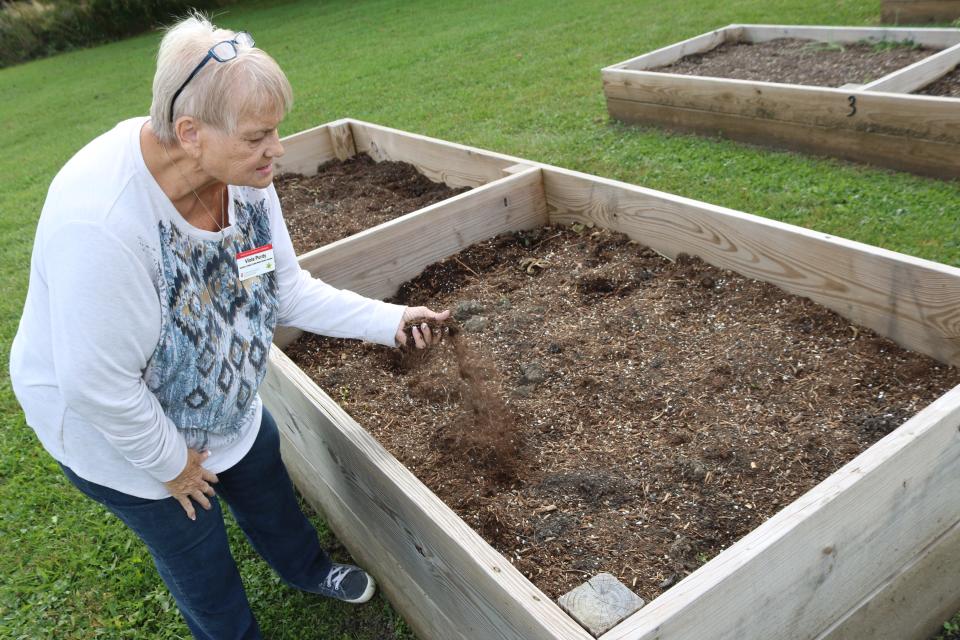 Master gardener Viola Purdy, of Fremont, works on a past community garden project.