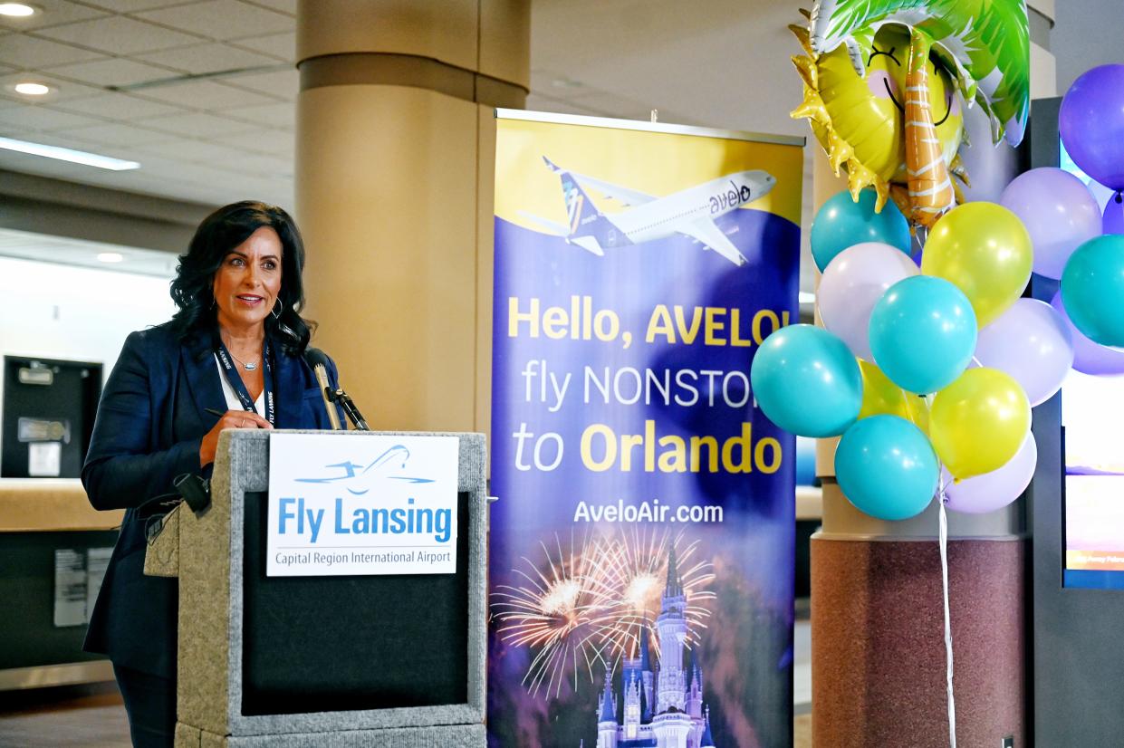 Capital Region International Airport president and CEO Nicole Noll-Williams announces that Avelo Airlines will be offering direct flights to Florida during a press conference at the airport on Tuesday, July 26, 2022, in Lansing.