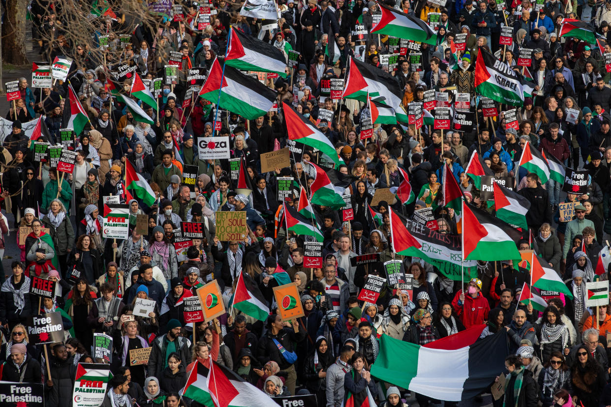 Tens of thousands of pro-Palestinian activists take part in a National March for Palestine to call for a permanent ceasefire in Gaza on 9th December 2023 in London, United Kingdom. The march, from the City of London to Westminster, was organised by Palestine Solidarity Campaign, Stop the War Coalition, Friends of Al-Aqsa, Muslim Association of Britain, Palestinian Forum in Britain and CND. (photo by Mark Kerrison/In Pictures via Getty Images)