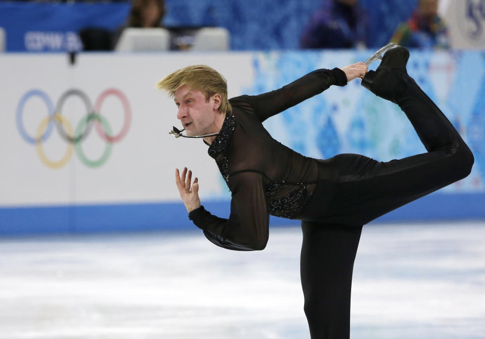 Evgeni Plushenko of Russia competes in the men's team free skate figure skating competition at the Iceberg Skating Palace during the 2014 Winter Olympics, Sunday, Feb. 9, 2014, in Sochi, Russia. (AP Photo/David J. Phillip )