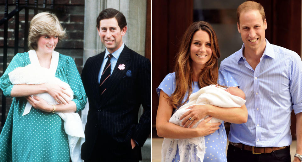 Diana and Charles with baby William in 1982 and Kate and William with baby George in 2013, outside the Lindo Wing Photos: PA