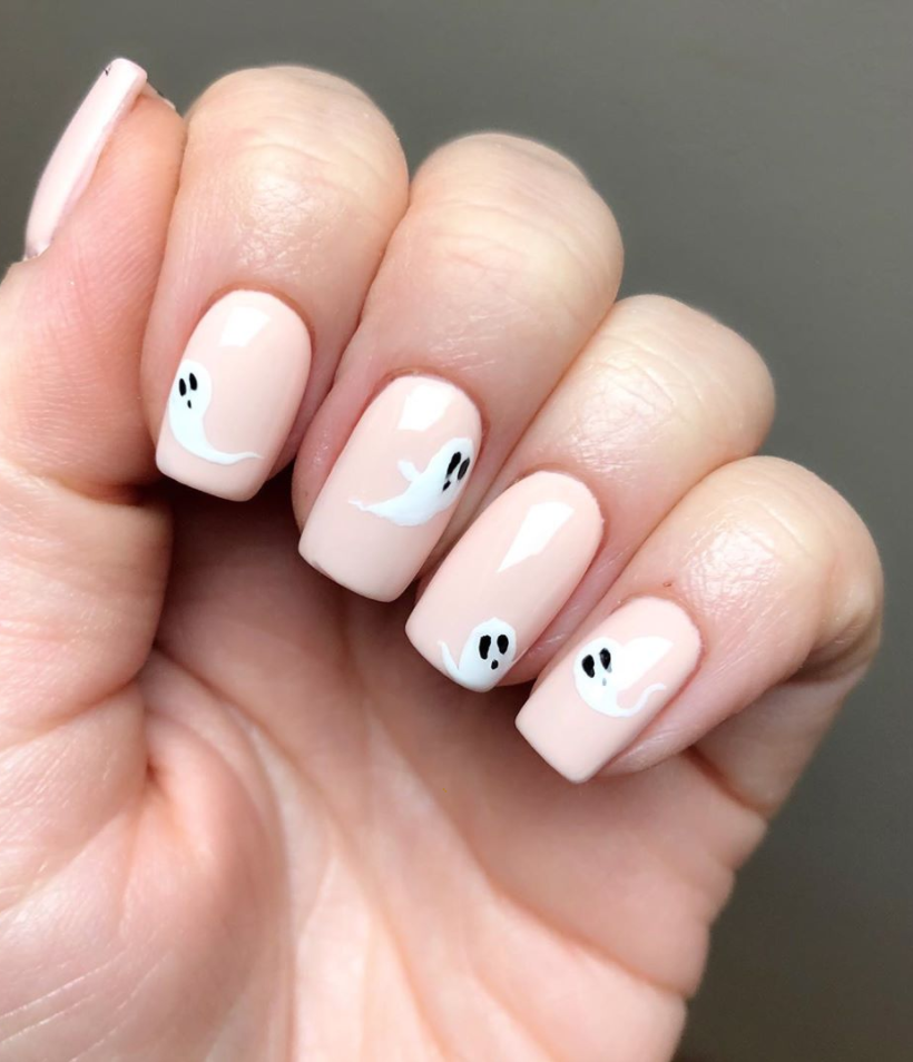 <p>Not all ghosts are scary! To bring some friendly ghosts into your life try out this look created by the Daily Nail Spa for <a href="https://www.instagram.com/p/B4CYLEUgHuK/" rel="nofollow noopener" target="_blank" data-ylk="slk:Jessica Cosmetics;elm:context_link;itc:0;sec:content-canvas" class="link ">Jessica Cosmetics</a> by adding some chic floaters on a pale pastel pink base. </p><p><a class="link " href="https://go.redirectingat.com?id=74968X1596630&url=https%3A%2F%2Fwww.etsy.com%2Flisting%2F832886787%2Fhalloween-ghost-nail-art-decal-sticker&sref=https%3A%2F%2Fwww.oprahdaily.com%2Fbeauty%2Fskin-makeup%2Fg33239588%2Fhalloween-nail-ideas%2F" rel="nofollow noopener" target="_blank" data-ylk="slk:SHOP GHOST NAIL STICKERS;elm:context_link;itc:0;sec:content-canvas">SHOP GHOST NAIL STICKERS</a></p>