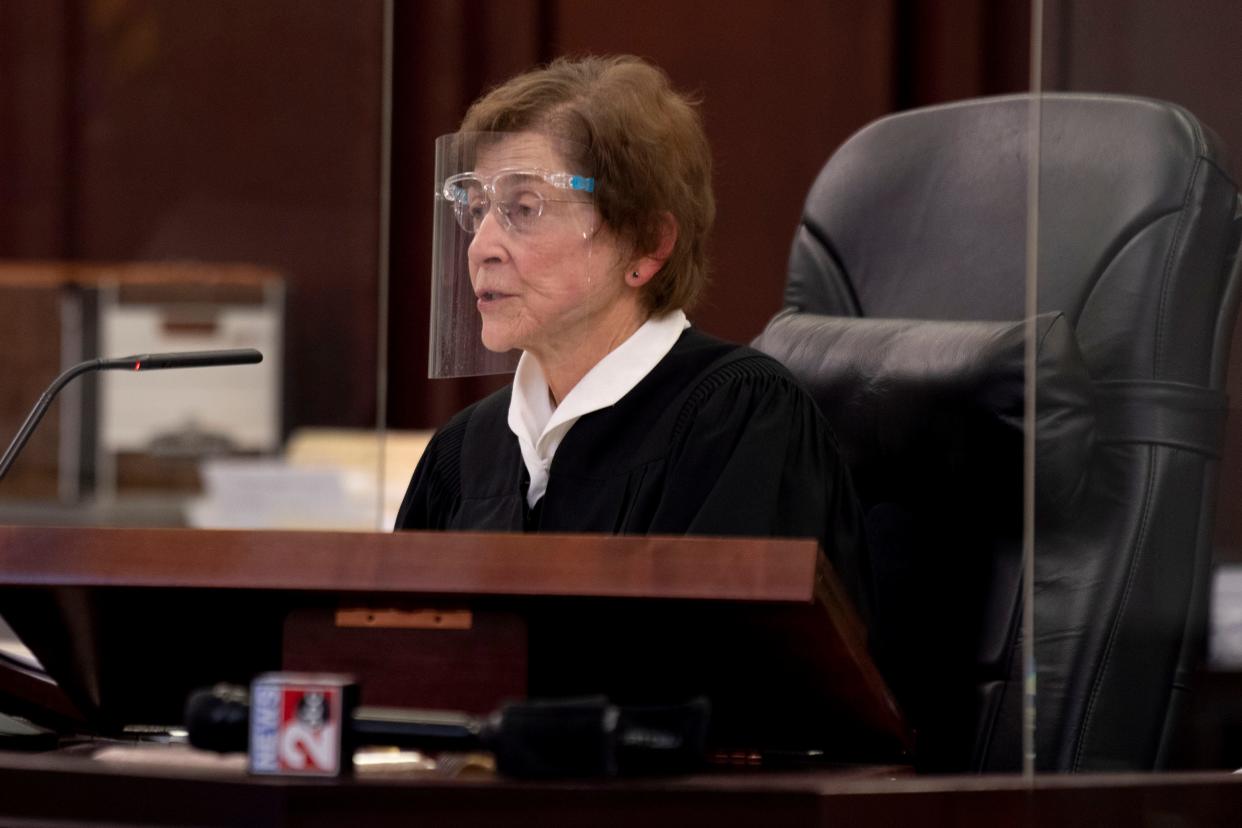 Judge Cheryl Blackburn discusses a trial date for defendants Tarrell Gray, Mallet Meneese, and Dylan Thomas Larocca during a hearing in Nashville on Thursday, Aug. 18, 2022. All three men have been charged in the death of Dallas Barrett at Dierks Bentley's Whiskey Row last summer.