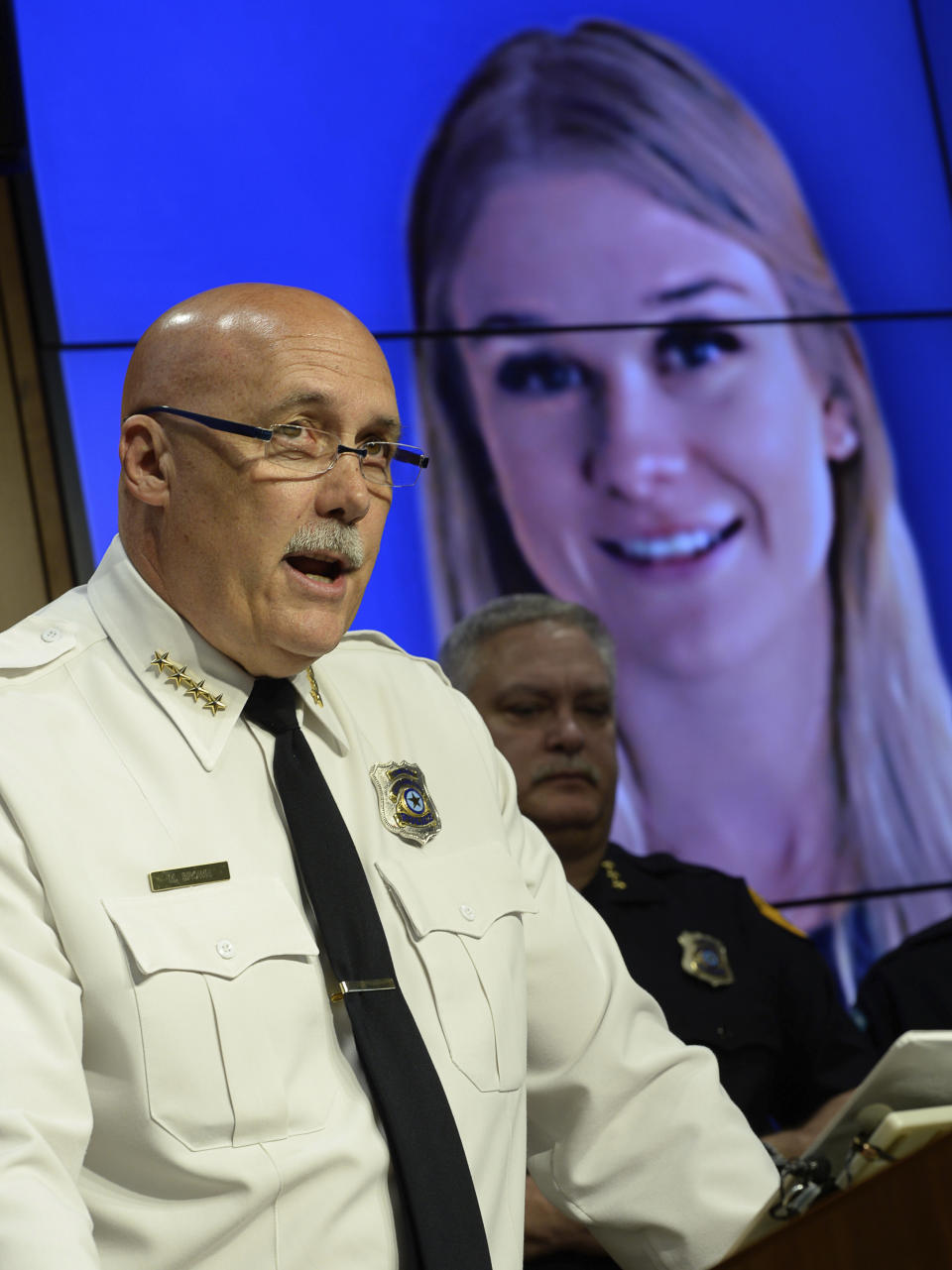 Salt Lake City Police Chief Mike Brown speaks at a news conference on Friday, June 28, 2019 in Salt Lake City. Brown said Ayoola A. Ajayi was being charged with aggravated murder, kidnapping, obstruction of justice and desecration of a body in the death of 23-year-old Mackenzie Lueck. He was arrested without incident earlier Friday morning by a SWAT team. (Francisco Kjolseth/The Salt Lake Tribune via AP)