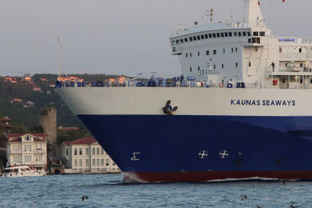 Denmark's DFDS owned Kaunas Seaways sets sail in the Bosphorus Straight, on its way to the Black Sea, in Istanbul, Turkey, September 14, 2017. REUTERS/Yoruk Isik