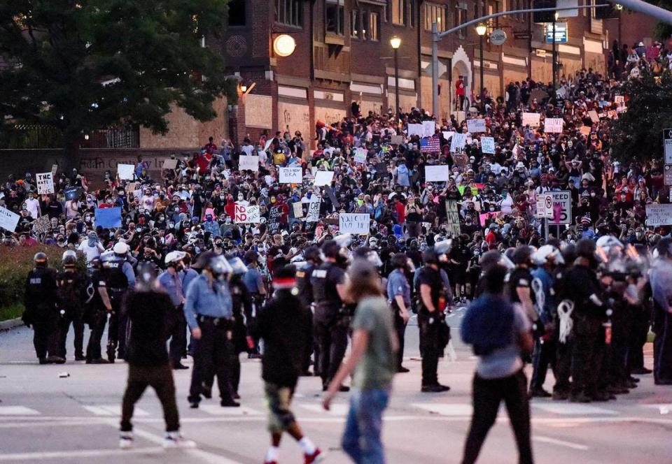 A third day of protests against police brutality continued in May 2020, as protesters and police poured down Main Street toward the Country Club Plaza in Kansas City.