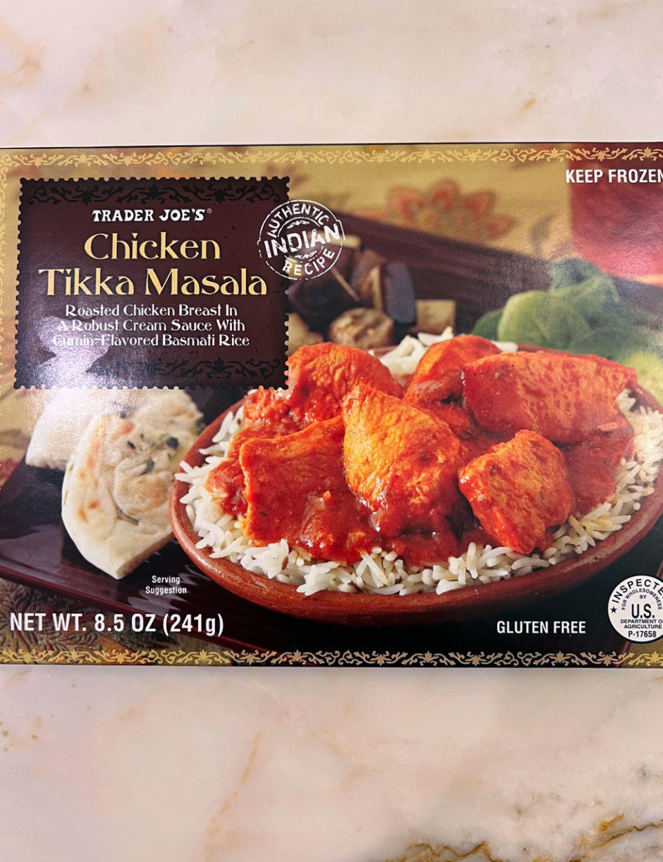 A box of Trader Joe's chicken tikka masala