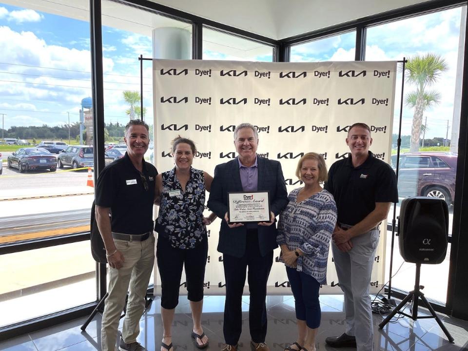 The Lake Wales Area Foundation received the May Dyer Difference Award. Pictured left to right are David Dlugokecki, general manager, Dyer Auto Group; Allison Snyder, accountant, Lake Wales Chamber of Commerce; Skip Alford, president/chief executive officer, Lake Wales Chamber of Commerce; Lori Beyer, Chamber Services & Events Coordinator, Lake Wales Chamber of Commerce; Will Dyer, Dyer Auto Group owner.