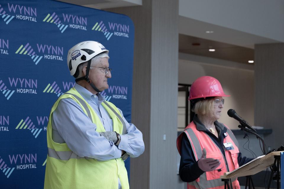 Executive Vice President of Facilities and Real Estate Robert Scholefield and President/CEO of Mohawk Valley Health Systems (MVHS) Darlene Stromstad speak at the Wynn Hospital on Thursday, August 24, 2023. The hospital is slated to open on October 29, 2023.