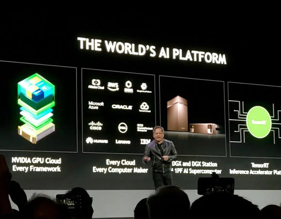 NVIDIA CEO Jensen Huang presenting on stage at CES 2018.