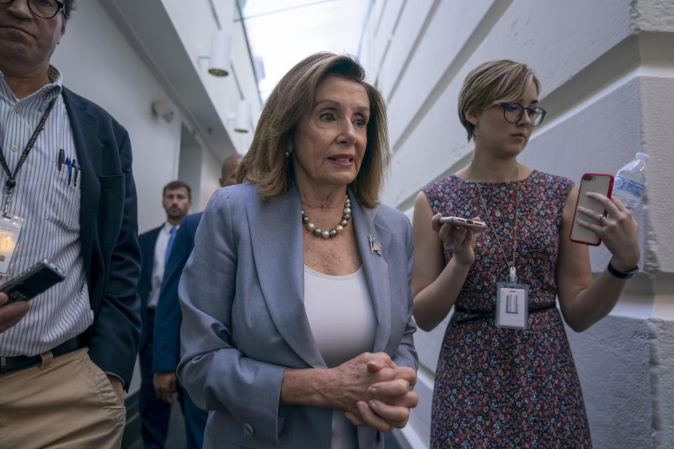 Speaker of the House Nancy Pelosi, D-Calif., arrives for a closed-door meeting with the House Democratic Caucus, Wednesday, Sept. 18, 2019, at the Capitol in Washington. (AP Photo/J. Scott Applewhite)