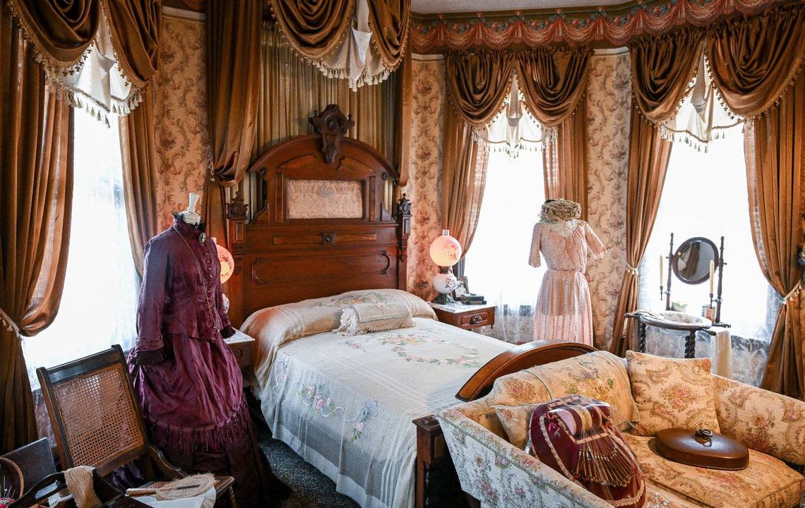 The owner’s bedroom of the Meux home is located on the second floor just below the large conical turret of the exterior. CRAIG KOHLRUSS/ckohlruss@fresnobee.com