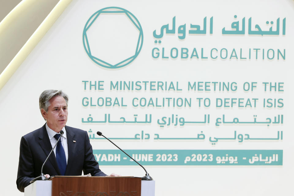 Secretary of State Antony Blinken speaks during a joint news conference with Saudi Arabia's Foreign Minister Prince Faisal bin Farhan, not pictured, at the Intercontinental Hotel in Riyadh, Saudi Arabia, Thursday, June 8, 2023. (Ahmed Yosri/Pool Photo via AP)