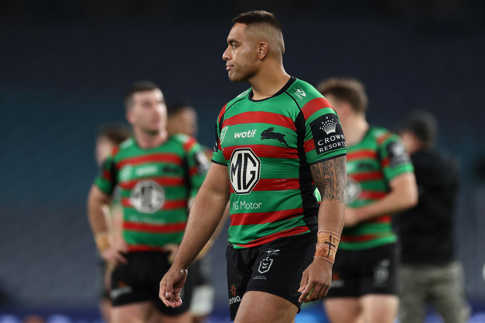 SYDNEY, AUSTRALIA - JULY 08:  Tevita Tatola of the Rabbitohs looks dejected after losing the round 19 NRL match between South Sydney Rabbitohs and Canterbury Bulldogs at Accor Stadium on July 08, 2023 in Sydney, Australia. (Photo by Cameron Spencer/Getty Images)