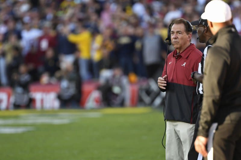 Alabama Crimson Tide head coach Nick Saban watches the action in the first half against the Michigan Wolverines in the 2024 Rose Bowl Game on Monday at Rose Bowl Stadium in Pasadena, Calif. Photo by Jon SooHoo/UPI