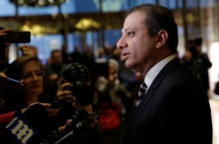 Preet Bharara, the U.S. Attorney for the Southern District of New York speaks to members of the news media after meeting with U.S. President-elect Donald Trump at Trump Tower in New York, U.S., November 30, 2016. REUTERS/Mike Segar
