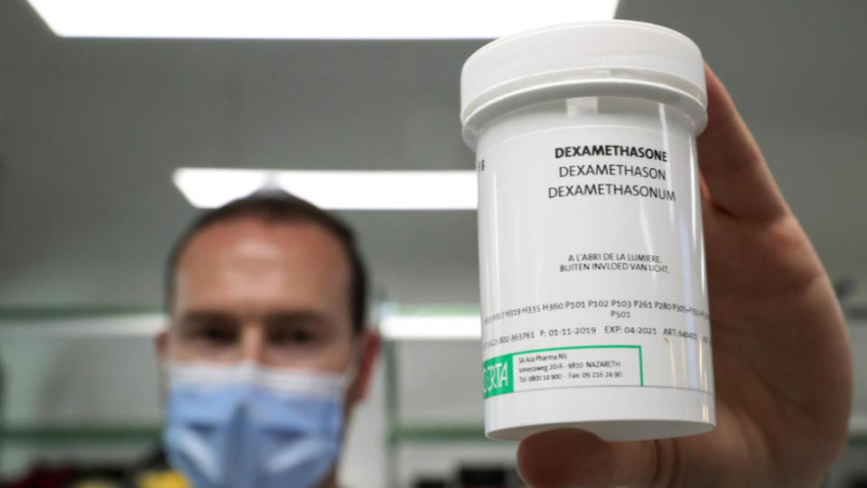 Dexamethasone (pictured is a man holding up the drug) reduced death rates by about a third among the most severely ill COVID-19.