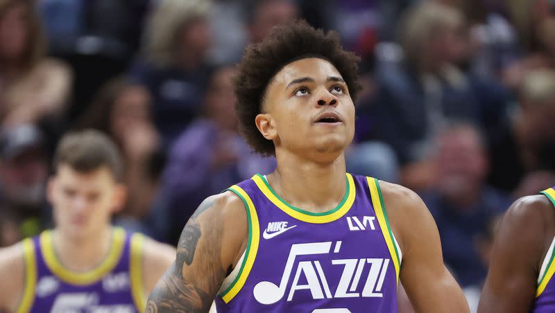 Utah’s Keyonte George (3) looks at the replay against the Sacramento Kings in Salt Lake City on Wednesday, Oct. 25, 2023. The Jazz guard has looked to teammate Kris Dunn for mentorship during his rookie season.