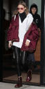 <p>Hadid was spotted out and about in N.Y.C. in a red oversize bomber over a white Bassike hoodie and black turtleneck, paired with crop-flare leather pants, shiny red Dr. Martens ($140; <a rel="nofollow noopener" href="http://www.anrdoezrs.net/links/7799179/type/dlg/sid/ISNewsGigiHStreetStyle2.13JA/http://www.zappos.com/p/dr-martens-1460-w-cherry-red-arcadia/product/118955/color/398175" target="_blank" data-ylk="slk:zappos.com;elm:context_link;itc:0;sec:content-canvas" class="link ">zappos.com</a>), and red sunnies (get a similar pair from <a rel="nofollow noopener" href="http://www.anrdoezrs.net/links/7799179/type/dlg/sid/ISNewsGigiHStreetStyle2.13JA/http://www.ray-ban.com/usa/sunglasses/RB3025%20UNISEX%20082-aviator%20flash%20lenses-bronze-copper/8053672340495?category_Id=332609" target="_blank" data-ylk="slk:Ray-Ban;elm:context_link;itc:0;sec:content-canvas" class="link ">Ray-Ban</a>).</p>