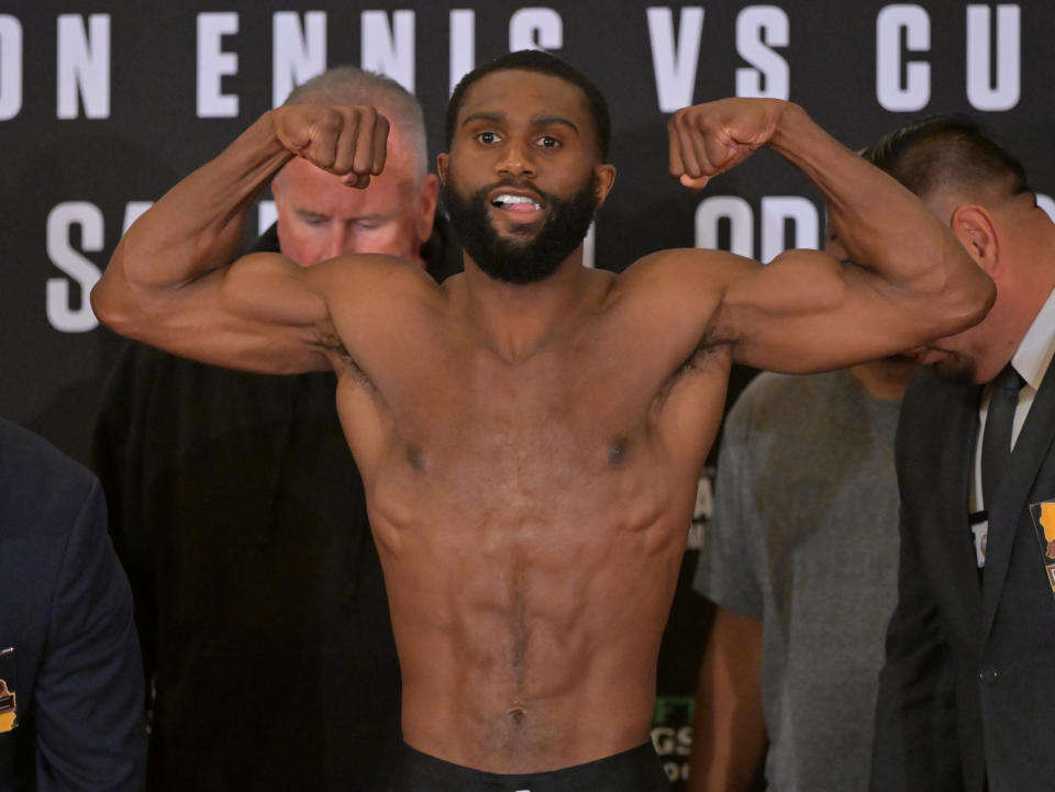 LOS ANGELES, CA - MAY 13:  Jaron Ennis weighs in at the Westin LAX for his IBF welterweight fight against Custio Clayton being held at Dignity Health Sports Park, on May 13, 2022 in Los Angeles, California. (Photo by Jayne Kamin-Oncea/Getty Images)