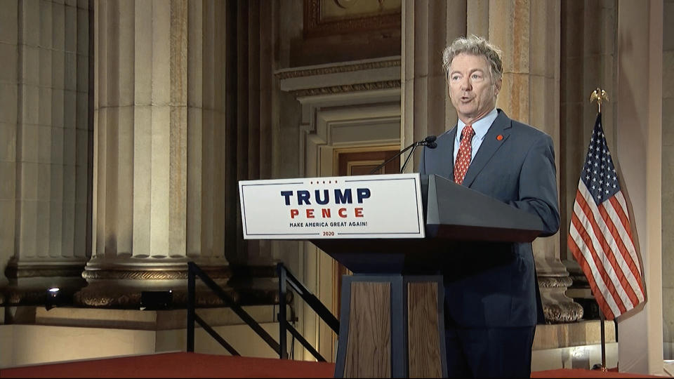 In this image from video, Sen. Rand Paul, R-Ky., speaks from Washington, during the second night of the Republican National Convention on Tuesday, Aug. 25, 2020. (Courtesy of the Committee on Arrangements for the 2020 Republican National Committee via AP)