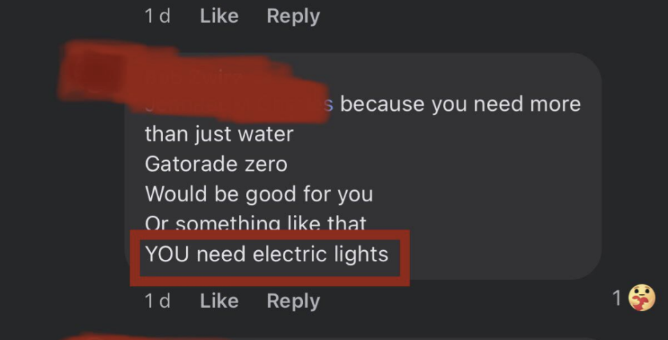 A social media comment section with a user message recommending a drink and electric lights for another user. The original comment is partially censored