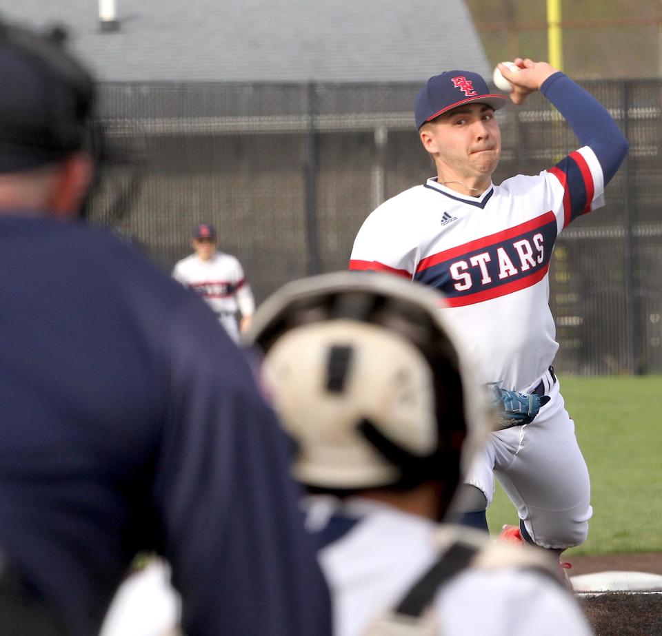 Bedford North Lawrence's Walker Ward (6) hurls a pitch during BNL's game against Evansville Reitz Friday, April 7, 2023.