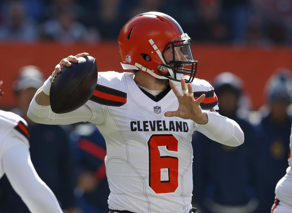 Baker Mayfield is about to face the easiest imaginable four-game stretch, which makes him plenty appealing in our game. (AP Photo/Ron Schwane)