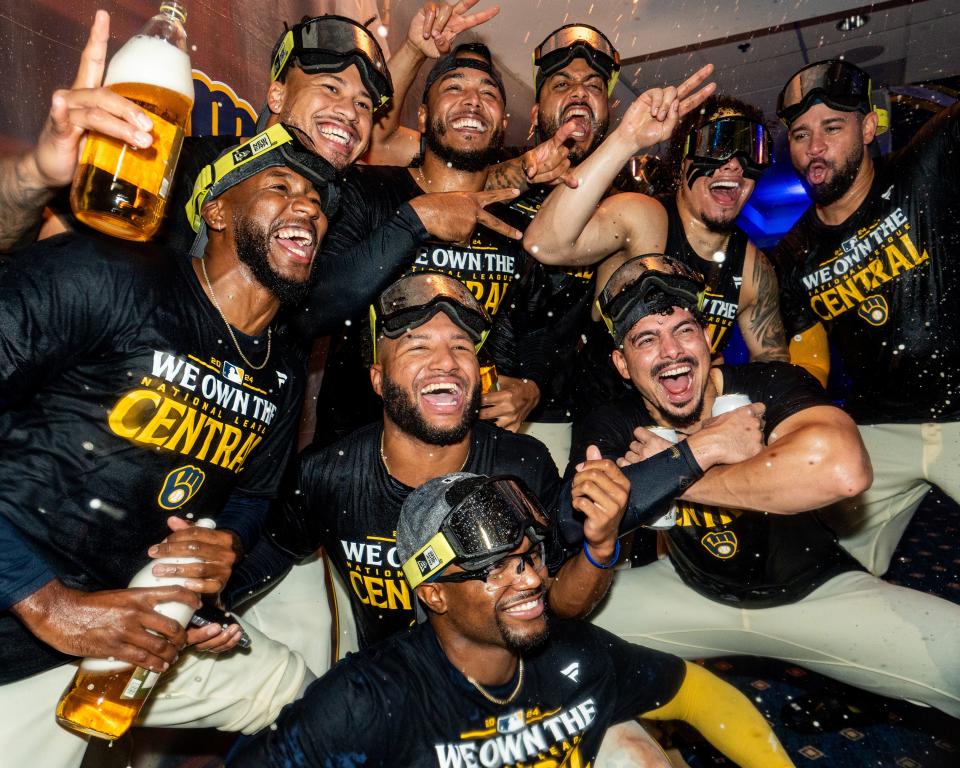 Milwaukee Brewers celebrate the victory over the Philadelphia Phillies and winning the NL Central Division championship on Wednesday September 18, 2024 at American Family Field in Milwaukee, Wis.