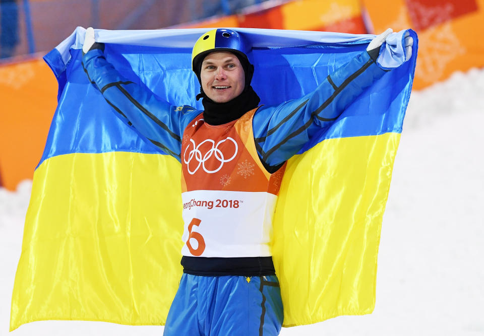 <p>Gold medalist Oleksandr Abramenko of Ukraine celebrates during the Freestyle Skiing Men’s Aerials Final on day nine of the PyeongChang 2018 Winter Olympic Games.<br> (Photo by David Ramos/Getty Images) </p>