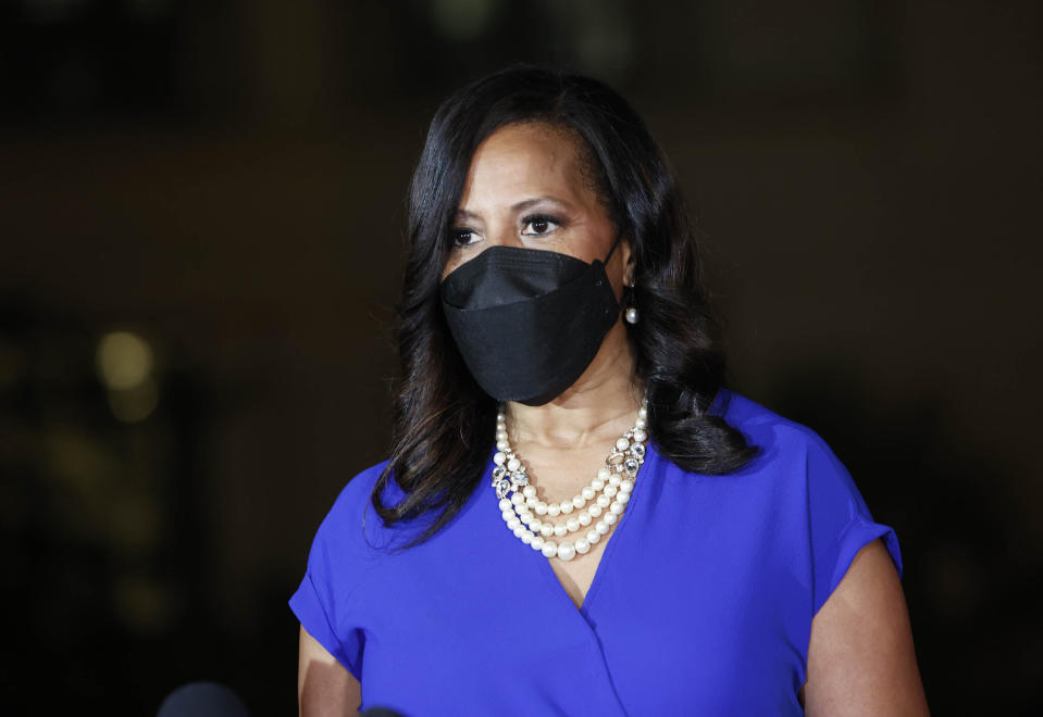 Democratic candidate for South Carolina governor Sen. Mia McLeod speaks to supporters before all votes are in on Tuesday, June 14, 2022, in Columbia, S.C. (Tracy Glantz/The State via AP)